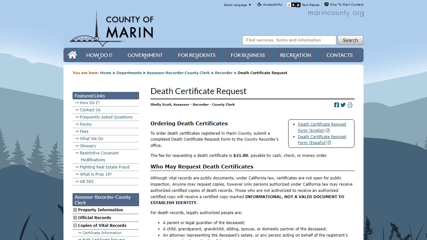 Death Certificate Request - Recorder - County of Marin