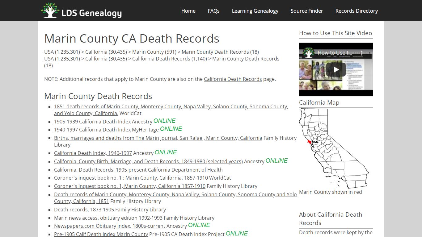 Marin County CA Death Records - LDS Genealogy